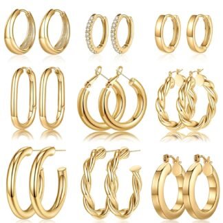 Valentines Gifts - Yesteel 9 Pairs Gold Hoop Earrings for Women, 14K Real Gold Plated Chunky Hoop Earrings Set for Women Hypoallergenic Thick Lightweight Earring for Womens...