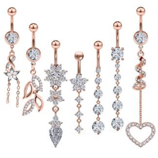 Vsnnsns 14G Dangle Belly Button Ring Piercing Jewelry 316L Stainless Surgical Steel Navel Rings Cubic Zirconia Heart Flower CZ Dangling Belly Button Ring Piercing Jewelry for...