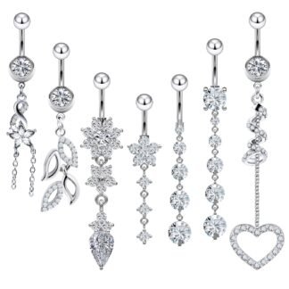 Vsnnsns 14G Dangle Belly Button Ring Piercing Jewelry 316L Stainless Surgical Steel Navel Rings Cubic Zirconia Heart Flower CZ Dangling Belly Button Ring Piercing Jewelry for...