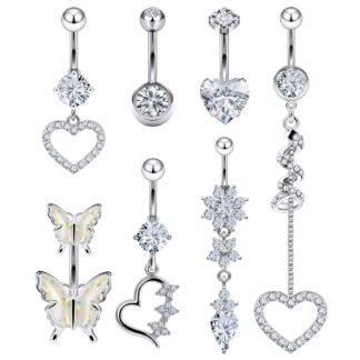 Vsnnsns 14G Dangle Belly Button Ring Piercing Jewelry 316L Stainless Surgical Steel Navel Rings Cubic Zirconia Heart Flower CZ Dangling Belly Button Ring Piercing Jewelry for...