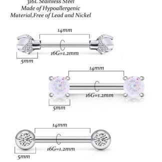 Vsnnsns 16G Nipple Piercing Jewelry - Surgical Steel Cubic Zirconia Dragon Claw Straight Barbell Nipple Rings in Silver & Rose Gold