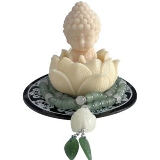 White Small Buddha Statue Set of 4 - Tiny Serene Resin Figurines with Lotus Base & Beads, Meditation Sculpture for Car Dashboard, Home Office Zen Altar Decor