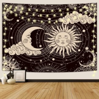 Wonrizon Sun and Moon Tapestry, Aesthetic Black Dark Spiritual Tapestries Mystic Burning Sun with Clouds Star Wall Hanging decor for Bedroom (59.1" x 82.7")