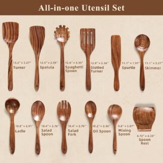 Wooden Spoons for Cooking, 12 Pcs Teak Wood Kitchen Utensils Set with Spoon Rest - Nonstick Heat Resistant Wooden Cooking Utensils, Natural Healthy Spatula Set for Pots and Pans