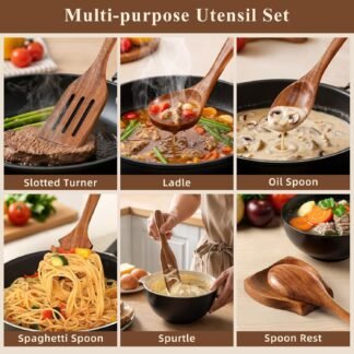 Wooden Spoons for Cooking, 12 Pcs Teak Wood Kitchen Utensils Set with Spoon Rest - Nonstick Heat Resistant Wooden Cooking Utensils, Natural Healthy Spatula Set for Pots and Pans