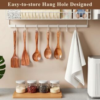 Wooden Spoons for Cooking, 12 Pcs Teak Wood Kitchen Utensils Set with Spoon Rest - Nonstick Heat Resistant Wooden Cooking Utensils, Natural Healthy Spatula Set for Pots and Pans