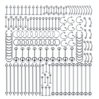 Xpircn 150PCS Piercing Kit Jewelry Stainless Steel Lip Nose Tongue Tragus Cartilage Daith Eeybrow Belly Button Rings Body Piercing Tools 14G 16G 20G