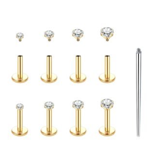 Xpircn Flat Back Stud Earrings 14K Gold Plated Internally Threaded CZ Stud Piercing Jewelry for Tragus Helix Cartilage Conch Nose Hypoallergenic Lip Labret Medusa Piercing 16G 18G