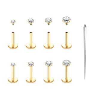 Xpircn Flat Back Stud Earrings 14K Gold Plated Internally Threaded CZ Stud Piercing Jewelry for Tragus Helix Cartilage Conch Nose Hypoallergenic Lip Labret Medusa Piercing 16G 18G