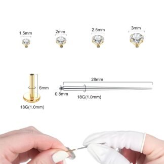 Xpircn Flat Back Stud Earrings 14K Gold Plated Internally Threaded CZ Stud Piercing Jewelry for Tragus Helix Cartilage Conch Nose Hypoallergenic Lip Labret Medusa Piercing 16G 18G