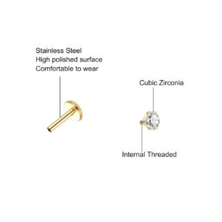 Xpircn Flat Back Stud Earrings 14K Gold Plated Internally Threaded CZ Stud Piercing Jewelry for Tragus Helix Cartilage Conch Nose Hypoallergenic Lip Labret Medusa Piercing 16G 18G