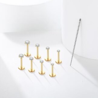 Xpircn Flat Back Stud Earrings 14K Gold Plated Internally Threaded CZ Stud Piercing Jewelry for Tragus Helix Cartilage Conch Nose Hypoallergenic Lip Labret Medusa Piercing 16G 18G