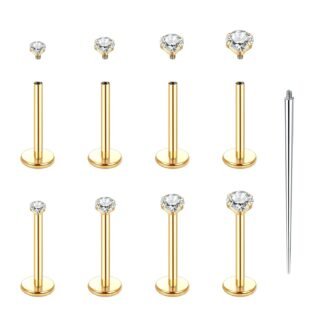 Xpircn Flat Back Stud Earrings 14K Gold Plated Internally Threaded CZ Stud Piercing Jewelry for Tragus Helix Cartilage Conch Nose Hypoallergenic Lip Labret Medusa Piercing 16G 18G