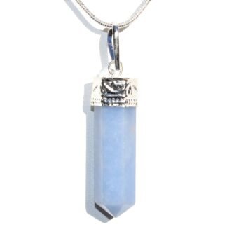 Zenergy Gems CHARGED Faceted Angelite Crystal Perfect Pendantâ„¢ + 20" Chain + Selenite Heart Charging Crystal Included (STIMULATE KUDALINI ENERGIES/REMOVE CHAKRA BLOCKAGES)