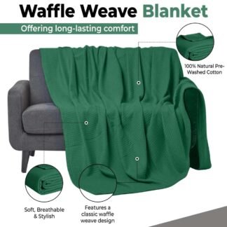 100% Cotton Blankets Queen Size for Bed - Waffle Weave Blankets for Summer, Lightweight and Breathable Soft Woven Blanket for Spring, White, 90x90 Inches (Dark Green, Throw (50"...