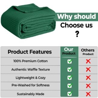 100% Cotton Blankets Queen Size for Bed - Waffle Weave Blankets for Summer, Lightweight and Breathable Soft Woven Blanket for Spring, White, 90x90 Inches (Dark Green, Throw (50"...