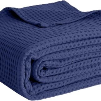 100% Cotton Blankets Queen Size for Bed - Waffle Weave Blankets for Summer, Lightweight and Breathable Soft Woven Blanket for Spring, White, 90x90 Inches (Navy, Queen (90" x 90"))