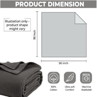 100% Cotton Blankets Queen Size for Bed - Waffle Weave Blankets for Summer, Lightweight and Breathable Soft Woven Blanket for Spring, White, 90x90 Inches (Dark Grey, Queen (90"...