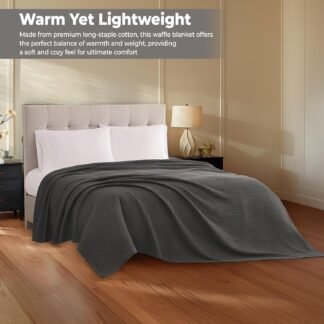 100% Cotton Blankets Queen Size for Bed - Waffle Weave Blankets for Summer, Lightweight and Breathable Soft Woven Blanket for Spring, White, 90x90 Inches (Dark Grey, Queen (90"...