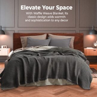 100% Cotton Blankets Queen Size for Bed - Waffle Weave Blankets for Summer, Lightweight and Breathable Soft Woven Blanket for Spring, White, 90x90 Inches (Dark Grey, Queen (90"...