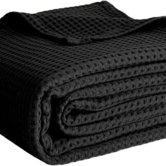 100% Cotton Blankets Throw Size for Bed - Waffle Weave Blankets for Summer, Lightweight and Breathable Soft Woven Blanket for Spring, Black, Throw (50" x 60")