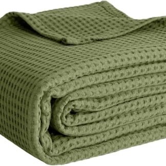 100% Cotton Blankets Throw Size for Bed - Waffle Weave Blankets for Summer, Lightweight and Breathable Soft Woven Blanket for Spring, Olive Green, Throw (50" x 60")