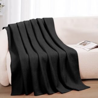 100% Cotton Blankets Throw Size for Bed - Waffle Weave Blankets for Summer, Lightweight and Breathable Soft Woven Blanket for Spring, Black, Throw (50" x 60")