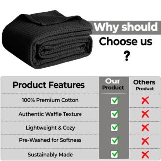 100% Cotton Blankets Throw Size for Bed - Waffle Weave Blankets for Summer, Lightweight and Breathable Soft Woven Blanket for Spring, Black, Throw (50" x 60")