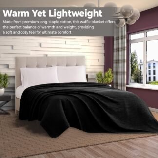 100% Cotton Blankets Throw Size for Bed - Waffle Weave Blankets for Summer, Lightweight and Breathable Soft Woven Blanket for Spring, Black, Throw (50" x 60")