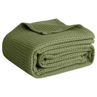 100% Cotton Blankets Throw Size for Bed - Waffle Weave Blankets for Summer, Lightweight and Breathable Soft Woven Blanket for Spring, Olive Green, Throw (50" x 60")