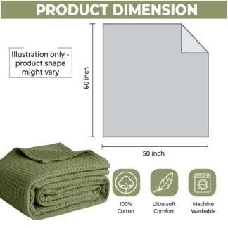 100% Cotton Blankets Throw Size for Bed - Waffle Weave Blankets for Summer, Lightweight and Breathable Soft Woven Blanket for Spring, Olive Green, Throw (50" x 60")