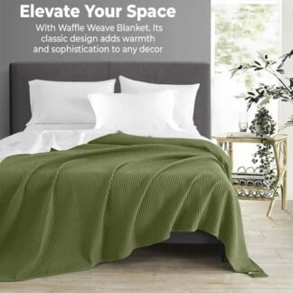 100% Cotton Blankets Throw Size for Bed - Waffle Weave Blankets for Summer, Lightweight and Breathable Soft Woven Blanket for Spring, Olive Green, Throw (50" x 60")