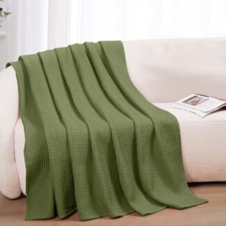 100% Cotton Blankets Throw Size for Bed - Waffle Weave Blankets for Summer, Lightweight and Breathable Soft Woven Blanket for Spring, Olive Green, Throw (50" x 60")