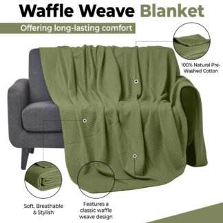 100% Cotton Blankets Throw Size for Bed - Waffle Weave Blankets for Summer, Lightweight and Breathable Soft Woven Blanket for Spring, Olive Green, Throw (50" x 60")