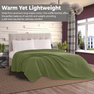 100% Cotton Blankets Throw Size for Bed - Waffle Weave Blankets for Summer, Lightweight and Breathable Soft Woven Blanket for Spring, Olive Green, Throw (50" x 60")