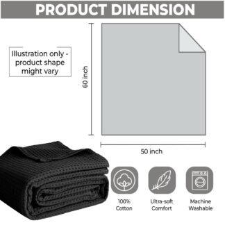 100% Cotton Blankets Throw Size for Bed - Waffle Weave Blankets for Summer, Lightweight and Breathable Soft Woven Blanket for Spring, Black, Throw (50" x 60")