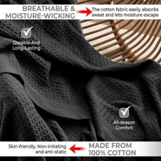 100% Cotton Blankets Throw Size for Bed - Waffle Weave Blankets for Summer, Lightweight and Breathable Soft Woven Blanket for Spring, Black, Throw (50" x 60")