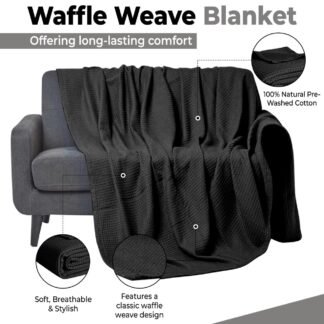 100% Cotton Blankets Throw Size for Bed - Waffle Weave Blankets for Summer, Lightweight and Breathable Soft Woven Blanket for Spring, Black, Throw (50" x 60")