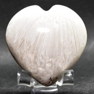 2.5" 110g White Scolecite Sprays Carved into Heart Polished Natural Zeolite Gemstone Druzy Crystal Mineral Collectible Specimen - India + Stand