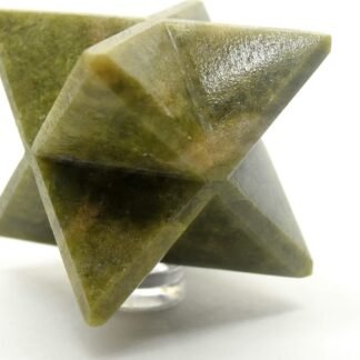 2.5" 120g Rich Green w/Orange Vesuvianite 8 Point Merkaba Star Polished Idocrase Gemstone Crystal Mineral Specimen - India + One Polished Clear Quartz Cabochon