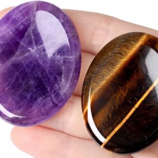 2PCS Worry Stone for Anxiety Tigers Eye Amethyst Healing Crystals Hand Thumb Stones Pocket Gemstones Meditation Accessories Oval Crystal Natural Relax Palm Stone Anxiety Relief...