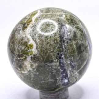 44mm 145g Green Vesuvianite Vasonite w/Calcite Carved Sphere Polished Natural Gemstone Crystal Mineral Collectible Ball - India + Stand