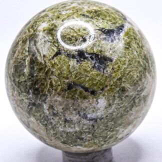 46mm 170g Green Vesuvianite w/Silverish Clear Calcite Sphere Polished Natural Sparkling Vasonite Idocrase Gemstone Crystal Mineral Ball - India + Stand