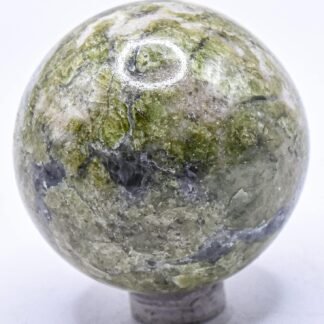 47mm 170g Green Vesuvianite w/Silverish Calcite Sphere Polished Natural Sparkling Vasonite Gemstone Crystal Mineral Ball - India + Stand