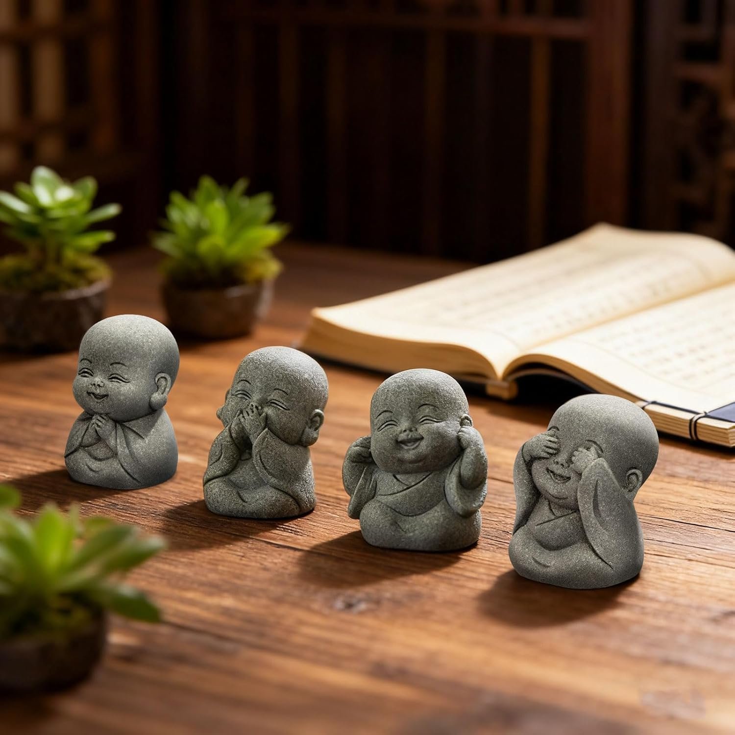 4Pcs Baby Buddha Statue Set 2 Inch Mini Zen Monk Sandstone Buddha for Desk Decor Laughing Buddha for Good Luck Car Dashboard Home Living Room Decor with Blessing Amulet - lunas-mystic-emporium.com 4Pcs Baby Buddha Statue Set, 2 Inch Mini Zen Monk, Sandstone Buddha for Desk Decor, Laughing Buddha for Good Luck, Car Dashboard, Home & Living Room Decor with Blessing Amulet