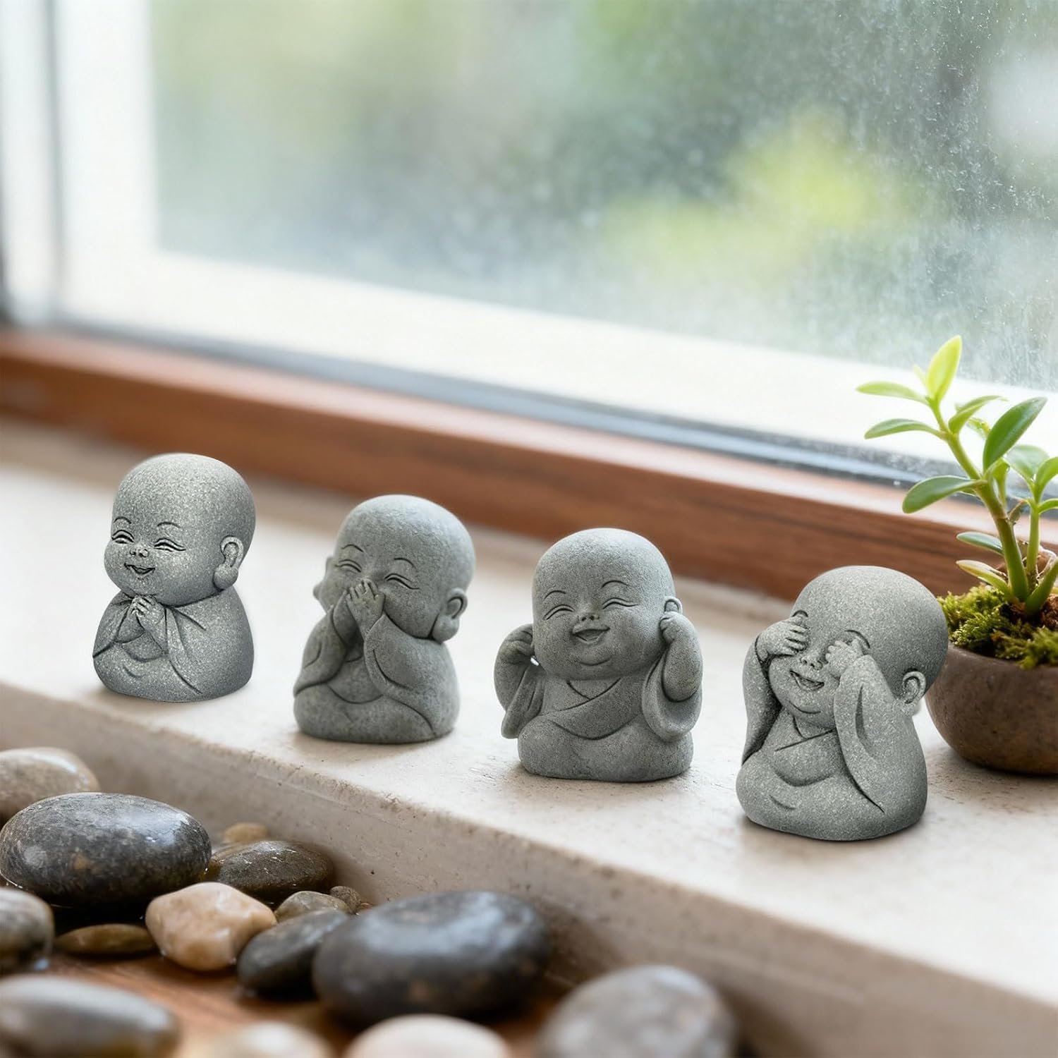 4Pcs Baby Buddha Statue Set 2 Inch Mini Zen Monk Sandstone Buddha for Desk Decor Laughing Buddha for Good Luck Car Dashboard Home Living Room Decor with Blessing Amulet - lunas-mystic-emporium.com 4Pcs Baby Buddha Statue Set, 2 Inch Mini Zen Monk, Sandstone Buddha for Desk Decor, Laughing Buddha for Good Luck, Car Dashboard, Home & Living Room Decor with Blessing Amulet