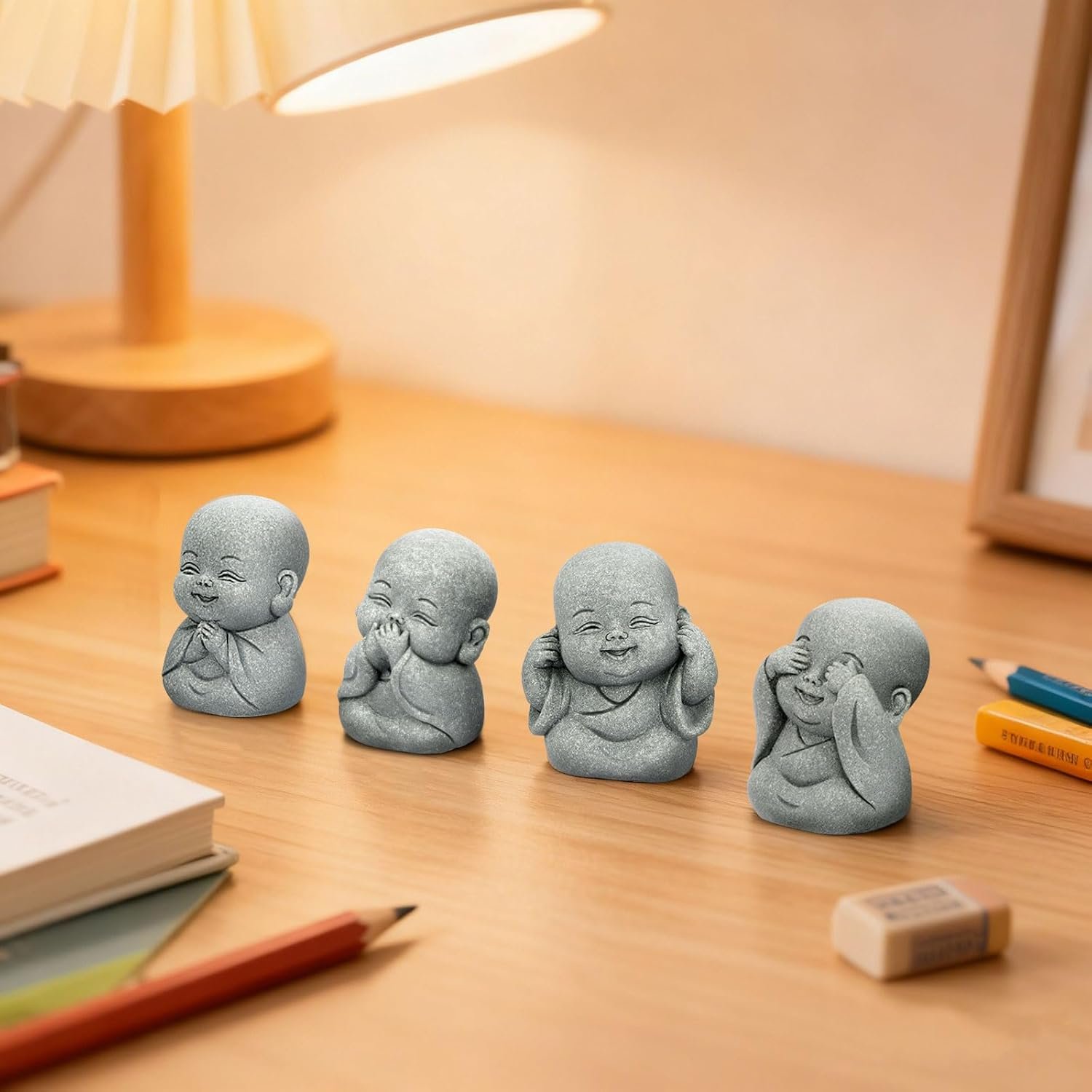 4Pcs Baby Buddha Statue Set 2 Inch Mini Zen Monk Sandstone Buddha for Desk Decor Laughing Buddha for Good Luck Car Dashboard Home Living Room Decor with Blessing Amulet - lunas-mystic-emporium.com 4Pcs Baby Buddha Statue Set, 2 Inch Mini Zen Monk, Sandstone Buddha for Desk Decor, Laughing Buddha for Good Luck, Car Dashboard, Home & Living Room Decor with Blessing Amulet
