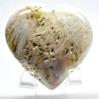 62mm 100g White Scolecite w/Open Sprays Druzy Heart Polished Natural Zeolite Gemstone Crystal Mineral Specimen - India + Stand