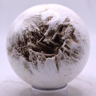 72mm 390g White Scolecite Sprays Cluster Carved into Sphere Polished Natural Zeolite Gemstone Crystal Mineral Collectible Ball - India + Stand