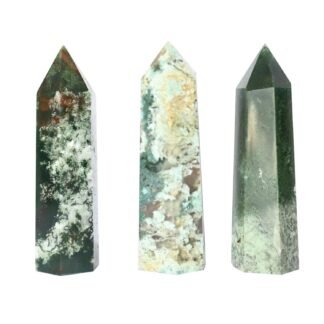 Angelstones Natural Moss Agate Gemstone Healing Crystal Hexagonal Pointed Reiki Chakra Faceted Prism Wand Carved Stone Figurine Home Decor